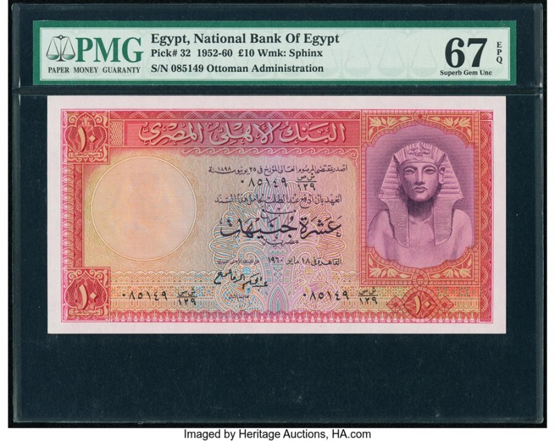 Egypt National Bank of Egypt 10 Pounds 1952-60 Pick 32 PMG Superb Gem Unc 67 EPQ...