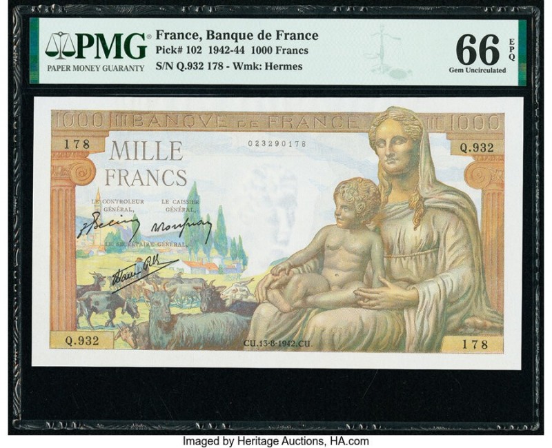 France Banque de France 1000 Francs 13.8.1942 Pick 102 PMG Gem Uncirculated 66 E...