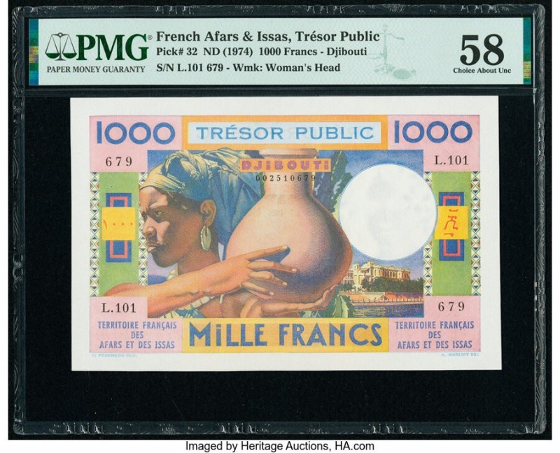 French Afars & Issas Tresor Public 1000 Francs ND (1974) Pick 32 PMG Choice Abou...