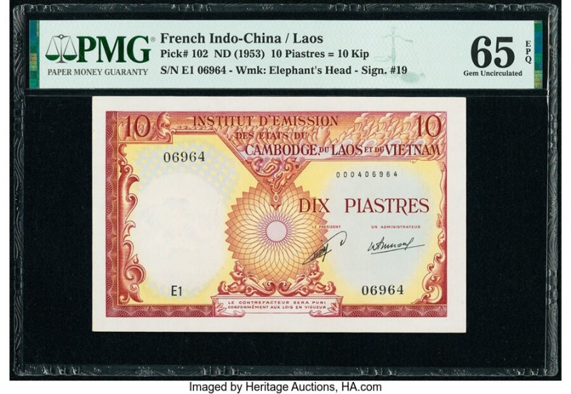 French Indochina Institut d'Emission des Etats, Laos 10 Piastres = 10 Kip ND (19...