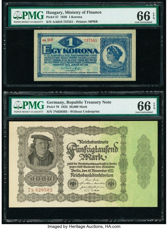 Hungary State Note of the Ministry of Finance 1 Korona 1920 Pick 57 PMG Gem Unci...