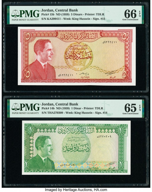 Jordan Central Bank of Jordan 1; 5 Dinar ND (1959) Pick 14b; 15b Two Examples PM...