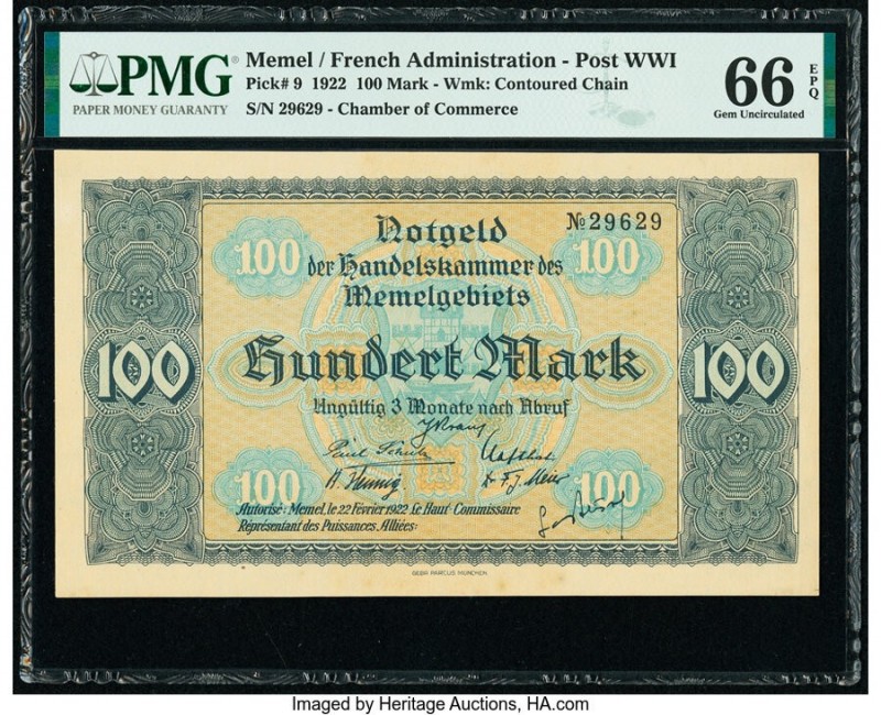 Memel Chamber of Commerce 100 Mark 22.2.1922 Pick 9 PMG Gem Uncirculated 66 EPQ....