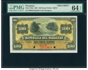 Paraguay Republica del Paraguay 100 Pesos 26.12.1907 Pick 122s Specimen PMG Choice Uncirculated 64 EPQ. Two POCs; red Specimen overprint.

HID09801242...