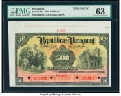 Paraguay Republica del Paraguay 500 Pesos 26.12.1907 Pick 124s Specimen PMG Choice Uncirculated 63. Four POCs; red Specimen overprints.

HID0980124201...