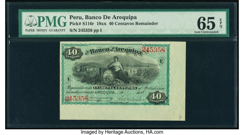 Peru Banco de Arequipa 40 Centavos 18xx Pick S116r Remainder PMG Gem Uncirculate...