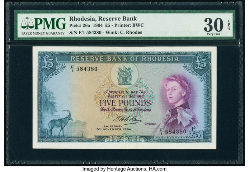 Rhodesia Reserve Bank of Rhodesia 5 Pounds 10.11.1964 Pick 26a PMG Very Fine 30 ...