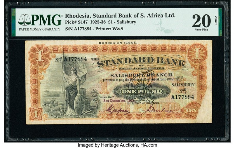 Rhodesia Standard Bank of South Africa 1 Pound 1925-38 Pick S147 PMG Very Fine 2...