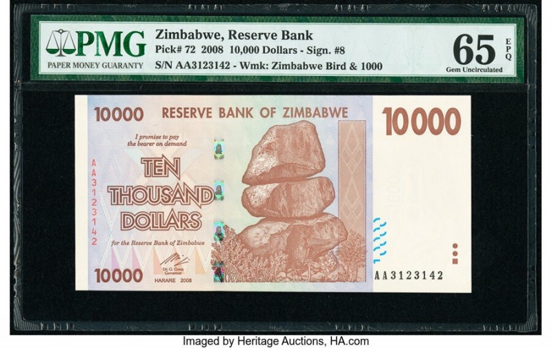 Zimbabwe Reserve Bank of Zimbabwe 10,000 Dollars 29.9.2008 Pick 72 PMG Gem Uncir...