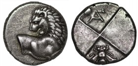 THRACE. Chersonesos. Hemidrachm (Circa 386-338 BC).
Obv: Forepart of lion right, head reverted.
Rev: Quadripartite incuse square with alternating rais...