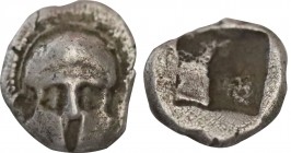 ASIA MINOR. Uncertain. Hemiobol (5th century BC).

Obv: Facing Corinthian helmet.
Rev: Quadripartite incuse square.
Numismatik Naumann 43, lot 296; CN...