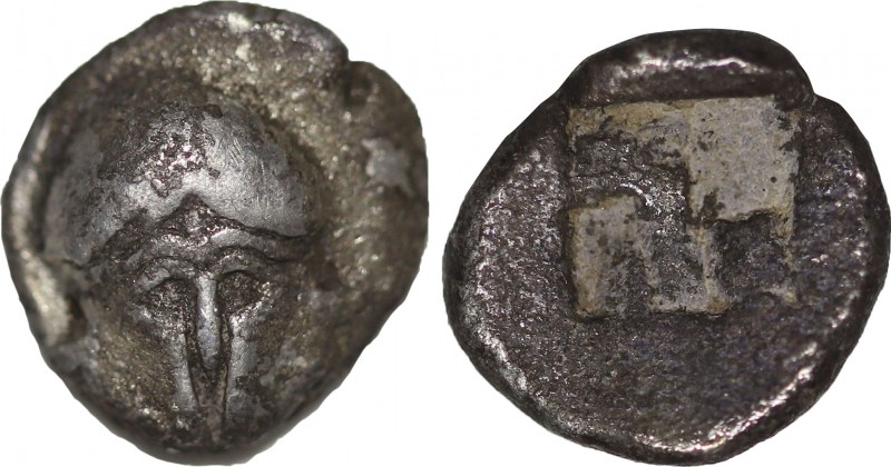 ASIA MINOR. Uncertain. Hemiobol (5th century BC).

Obv: Facing Corinthian helmet...
