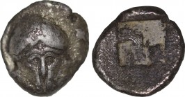ASIA MINOR. Uncertain. Hemiobol (5th century BC).

Obv: Facing Corinthian helmet.
Rev: Quadripartite incuse square.

Numismatik Naumann 43, lot 296; C...