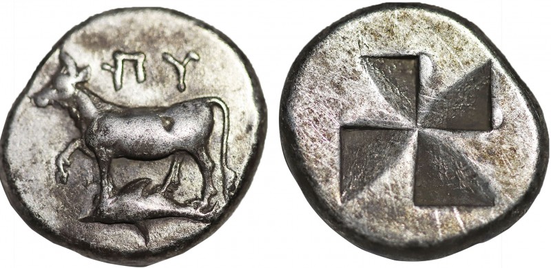 THRACE. Byzantion. Siglos (Circa 340-320 BC).
Obv: 'ΠΥ.
Bull standing left on do...