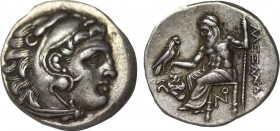 KINGS OF MACEDON. Alexander III 'the Great' (336-323 BC). Drachm. Lampsakos.
Obv: Head of Herakles right, wearing lion skin.
Rev: AΛEΞANΔPOY.
Zeus sea...