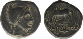 PONTOS. Chabacta. Ae (Circa 100-85 BC).
Obv: Head of Perseus right, wearing Phrygian cap with griffin-crest.
Rev: XABAKTΩΝ.
Pegasos drinking left; to ...