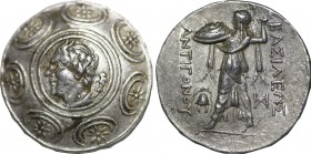 KINGS OF MACEDON. Antigonos II Gonatas. (277/6-239 BC). Tetradrachm. Pella.
Obv: Macedonian shield with head of Pan right on boss.
Rev: ΒΑΣΙΛΕΩΣ / ΑΝΤ...