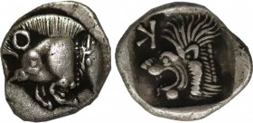 MYSIA. Kyzikos. Obol (Circa 450-400 BC).
Obv: Forepart of boar left; tunny to right.
Rev: Head of roaring lion left; retrograde K in upper left field....