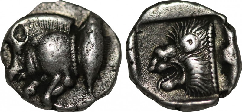 MYSIA. Kyzikos. Obol (Circa 450-400 BC).
Obv: Forepart of boar left; to right, t...