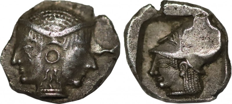 MYSIA. Lampsakos. Diobol (Circa 500-450 BC).
Obv: Janiform female head.
Rev: Hel...