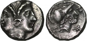MYSIA. Lampsakos. Tetrobol (Circa 390-330 BC).
Obv: Janiform female head.
Rev: ΛΑΜ.
Helmeted head of Athena right. Control: mouse below chin; counterm...