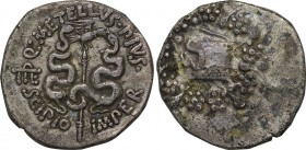 MYSIA. Pergamon. Q. Caecilius Metellus Pius Scipio Nasica (Imperator and Proconsul of Syria, 49-48 BC). Cistophor.
Obv: Cista mystica with serpent; al...
