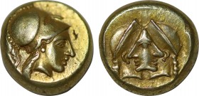 Lesbos, Mytilene EL Hekte. (Circa 454-427 BC). Obv: Head of Athena wearing crested Corinthian helmet to right. Rev: Two confronted female heads, their...