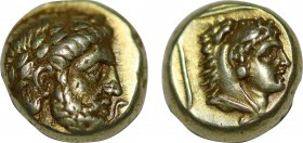 LESBOS. Mytilene. EL Hekte (Circa 377-326 BC).
Obv: Laureate head of Zeus right; to right, serpent coiled right.
Rev: Head of Herakles right, wearing ...