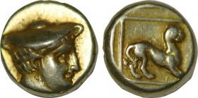 LESBOS. Mytilene. EL Hekte (Circa 377-326 BC).
Obv: Head of Hermes right, wearing petasos.
Rev: Lion standing right within linear square border; all w...