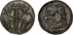 Lesbos. Uncertain mint (Circa 500-450 BC). Billon-Diobol. Rev: ΛΕΣ, confronted boars' heads. Obv: Quadripartite incuse square. SNG Copenhagen 287. Con...