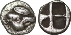 LESBOS. Uncertain. BI 1/24 Stater (Circa 500-450 BC).
Obv: Head of boar right; eye (or barley grain) above.
Rev: Quadripartite incuse square.
Cf. H...