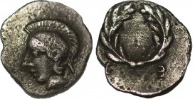 Aeolis, Elaia, (Circa450-400 BC). AR Hemiobol. Obv: Helmeted head of Athena. Rev: Wreath. SNG Copenhagen 164. Condition: Extremely Fine Weight:0.22 g....