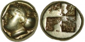 IONIA. Phokaia. EL Hekte (Circa 478-387 BC).
Obv: Head of female left, with hair in sphendone of cross-hatching pattern; below, small seal right.
Rev:...