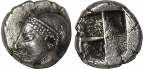 IONIA, Phokaia. Circa 521-478 BC. AR Hemihekte. Phokaic standard. Obv: Female head left, wearing helmet or close fitting cap. Rev: Quadripartite incus...
