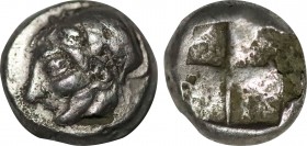 IONIA, Phokaia. Circa 521-478 BC. AR Obol. Obv: Female head left, wearing helmet or close fitting cap. Rev: Quadripartite incuse square. SNG Kayhan 52...