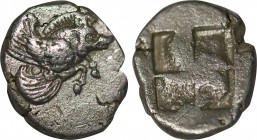IONIA. Klazomenai. Diobol (Circa 480-400 BC).
Obv: Forepart of winged boar right.
Rev: Quadripartite incuse square; K within one quarter.
SNG Kayhan 3...