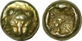 IONIA. Uncertain. ( Samos?) EL 1/24 Stater (Circa 6th century BC). Obv: Facing head of lion or panther. Rev: Incuse square punch. Cf. SNG von Aulock 1...