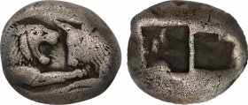 KINGS OF LYDIA. Kroisos (Circa 564/53-550/39 BC). Double Siglos or Stater. Sardes.
Obv: Confronted foreparts of lion and bull.
Rev: Two incuse square ...