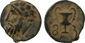 LYDIA. Sardes? Ae (4th century BC).

Obv: Head of Dionysos left, wearing ivy wreath.
Rev: Kantharos; F - S (in Lydian) across field.

Vögtli, Pergamon...