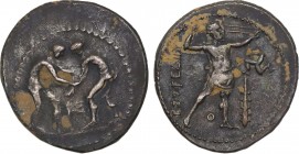 PAMPHYLIA. Aspendos. Stater (Circa 380/75-330/25 BC).
Obv: Two wrestlers grappling; KI between.
Rev: EΣTFEΔIIYΣ.
Slinger in throwing stance right; ...