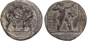 PAMPHYLIA. Aspendos. Stater (Circa 380/75-330/25 BC).
Obv: Two wrestlers grappling. Control: ИF.
Rev: EΣTFEΔIIYΣ.
Slinger in throwing stance right;...