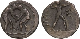 PAMPHYLIA. Aspendos. Stater (Circa 380/75-330/25 BC).
Obv: Two wrestlers grappling; ΔA between.
Rev: EΣTFEΔIIYΣ.
Slinger in throwing stance right; ...