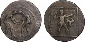 PAMPHYLIA. Aspendos. Stater (Circa 420-370 BC).
Obv: Two wrestlers grappling. Control: Fh.
Rev: EΣTFEΔIIYΣ.
Slinger in throwing stance right. Trisk...