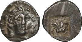 CARIA. Rhodes. Hemidrachm (Circa 188-160 BC). Antaios, magistrate.
Obv: Radiate head of Helios facing slightly right.
Rev: ANTAIΩΣ / P O.
Rose with bu...