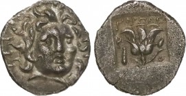 CARIA. Rhodes. Hemidrachm (166-88 BC). Artemon (?), magistrate.
Obv: Radiate head of Helios facing.
Rev: P - O.
Rose with bud to right; to left, club ...