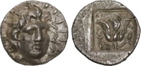 CARIA. Rhodes. Hemidrachm (Circa 125-88 BC). Antaios, magistrate.
Obv: Radiate head of Helios facing slightly right.
Rev: ΑNTAIΟΣ / P - O.
Rose with b...