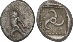 Dynasts of Lycia, Kuprilli . AR 1/4 Starer.(Circa 480-440 BC). Obv: Herakles, draped in lion's skin, advancing left, head right, holding club over sho...