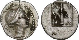 LYCIA. Lycian League. Masicytes. 1/4 Drachm (Circa 48-27 BC). Obv: Diademed head of Artemis right. Rev: Λ - Y / M - A. Quiver; torch to left; all with...