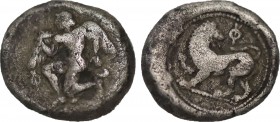 Caria. Uncertain Mint.(Circa 460 BC). 1/4 Stater. Obv: A naked male figure running backwards in a kneeling position; wings on the shoulders and heels ...