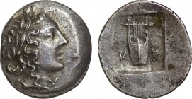 LYCIAN LEAGUE. Cragus (Circa 48-42 BC). Hemidrachm. Obv: Λ - Y. Laureate head of Apollo right. Rev: K - P. Lyre within incuse square. RPC I 3301; Trox...